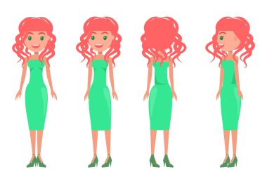 Kadınlarda yeşil elbiseler vektör yaz mod kümesi