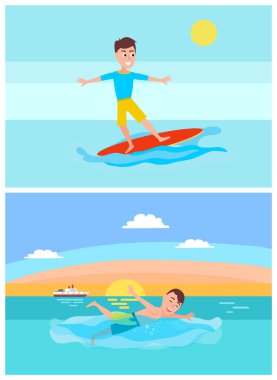 Sörf ve yaz aktiviteleri vektör çizim