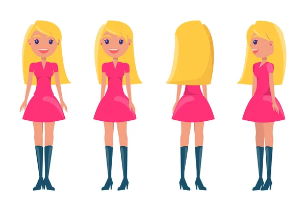 Blonde Girl Feminine Dress and High Heeled Boots — Stock Vector