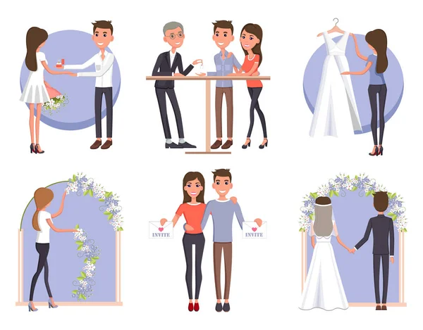 Bröllop förberedelser och firandet illustrationer — Stock vektor