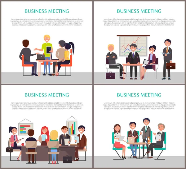 Banners de reuniones de negocios con gente alrededor de la mesa — Vector de stock