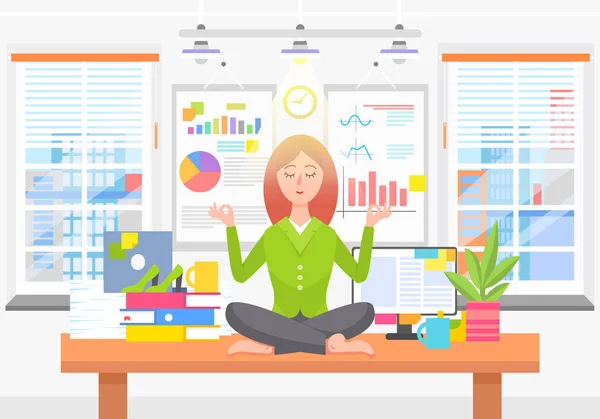 Frau meditiert über Arbeitsplatz im Büro — Stockvektor