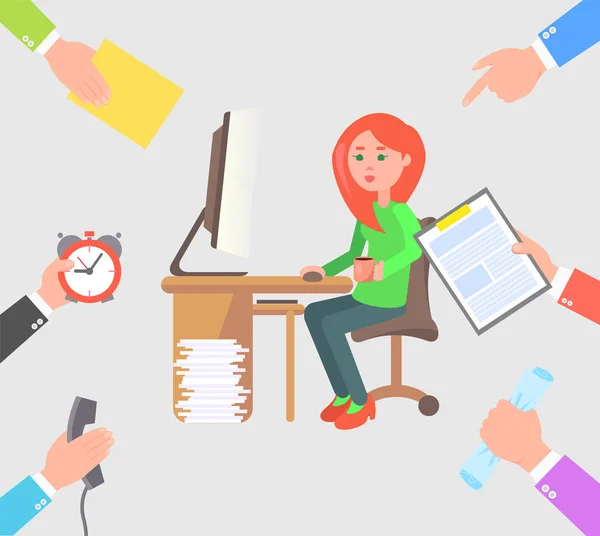 stock vector Girl Works on Computer and Recieve More Tasks