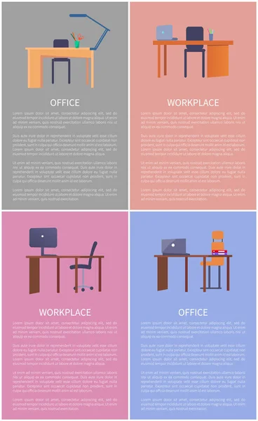 Table de conception de lieu de travail de bureau avec ordinateur portable — Image vectorielle