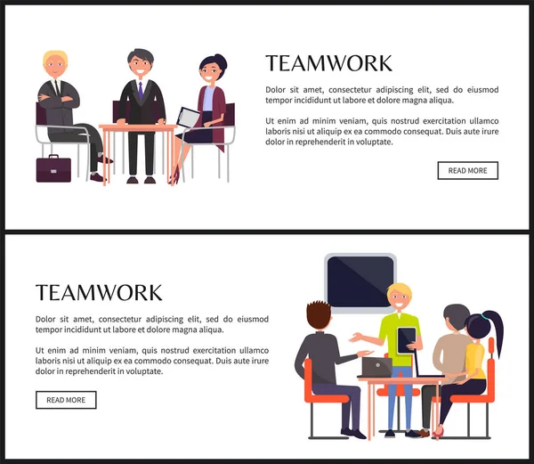 Teamwork Promo Internet Banners with Office Staff — Stock Vector