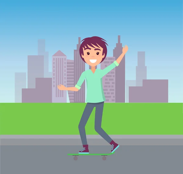 Boy and Cityscape Skating Vector Illustration