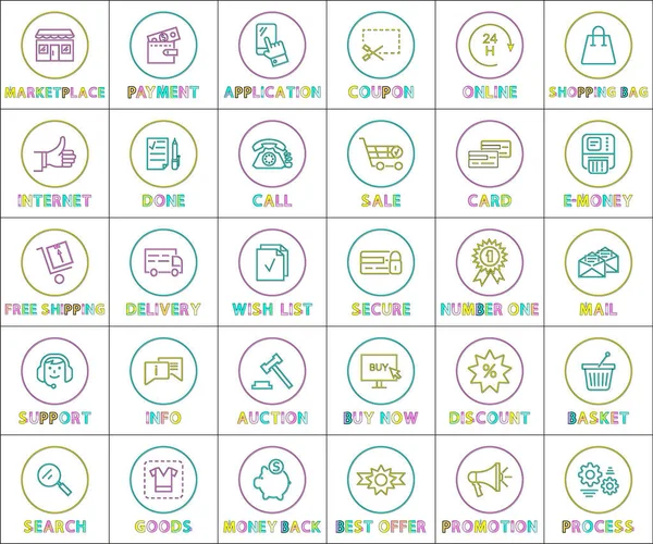 Conjunto de iconos redondos brillantes del contorno lineal de Internet Web — Vector de stock