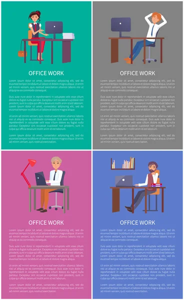 Juego de pancartas de trabajo de oficina Hombres Mujeres Mesas de trabajo — Vector de stock