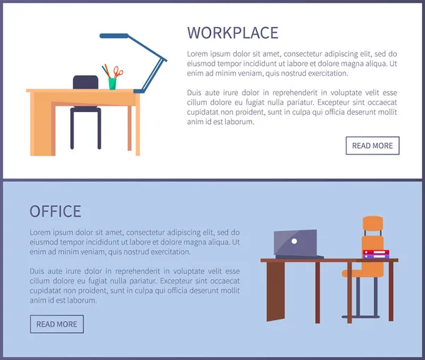 Leerer Arbeitsplatz mit Tisch, Plastikstuhl, Laptop — Stockvektor