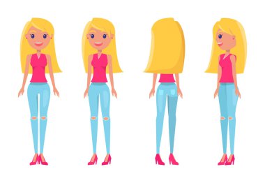 Sarışın kız kadınsı T-shirt ve yırtık kot pantolon