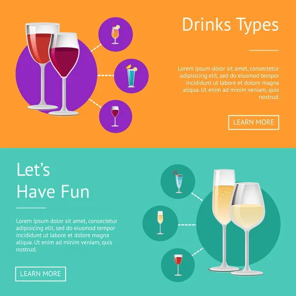 Tipos de bebidas permite se divertir Cocktails Web Posters — Vetor de Stock