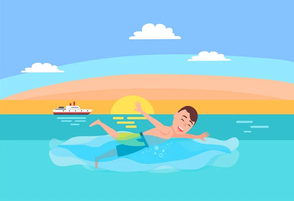 Κολύμπι αθλητική δραστηριότητα, ο άνθρωπος σε σορτς κολυμπάει στον ωκεανό — Διανυσματικό Αρχείο