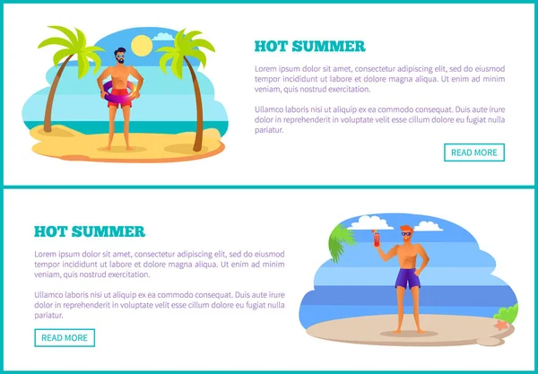 Καυτό καλοκαίρι Web αφίσες τροπική παραλία και αθλητές — Διανυσματικό Αρχείο