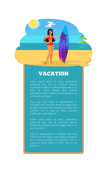 Vacation Summer Poster Girl Surfboard at Coastline — Stock Vector