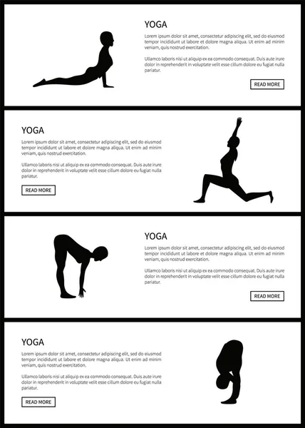 Banner de vectores blanco y negro de yoga, conjunto de posturas — Vector de stock