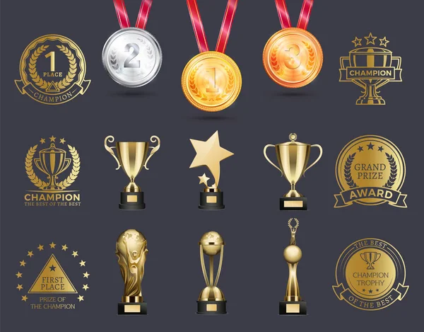 Conjunto de medallas de plata y oro Ilustración vectorial — Vector de stock