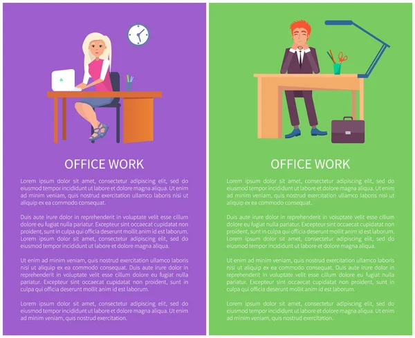 Γραφείο εργασίας αφίσες σετ επαγγελματίες άνθρωποι άνδρας γυναίκα — Διανυσματικό Αρχείο