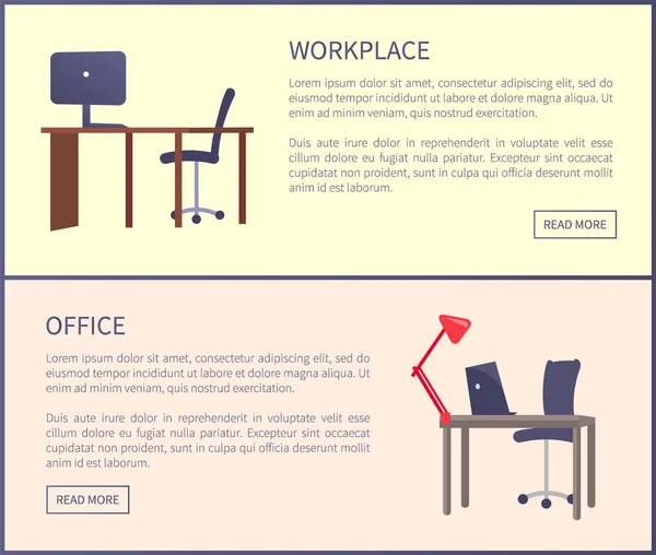 Conception de bureau Table de travail, ordinateur et chaise — Image vectorielle