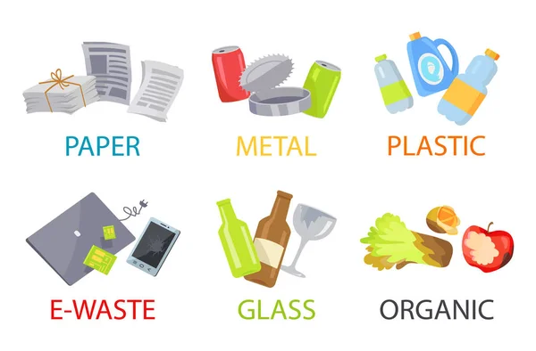Ensemble papier métal plastique verre organique et déchets électroniques — Image vectorielle