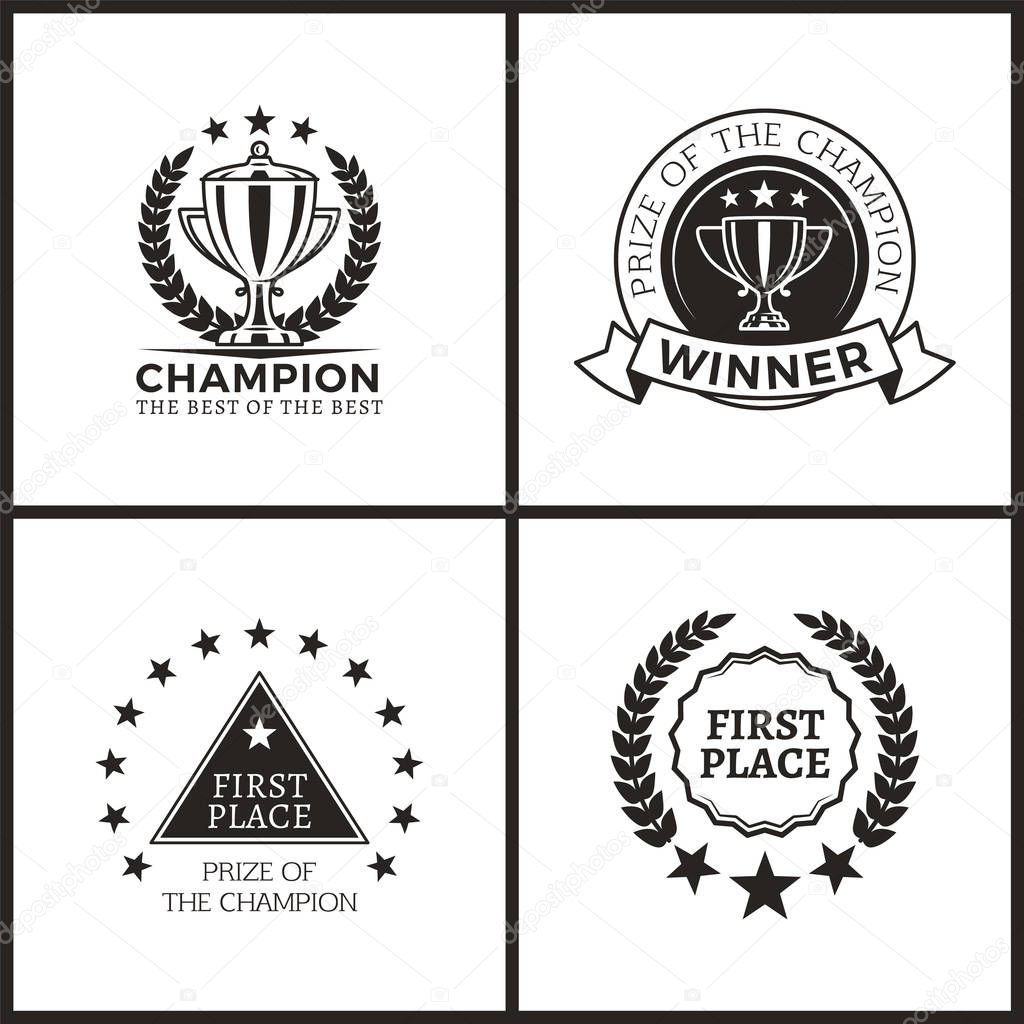 Champion prize for epic win promo emblems set. Award logo with shiny cup, small stars and laurel branches isolated cartoon flat vector illustrations.