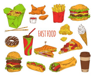 Fast Food yemekleri koleksiyonu vektör çizim