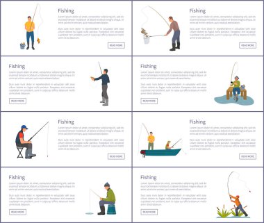 Erkekler posterler başlık Balık tutma vektör çizim ayarla