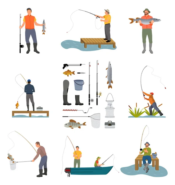 Pesca Pessoas e Itens Set Vector Ilustração — Vetor de Stock