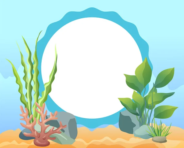 Moldura de foto oval engraçado dos desenhos animados com cartão de ervas daninhas do mar —  Vetores de Stock
