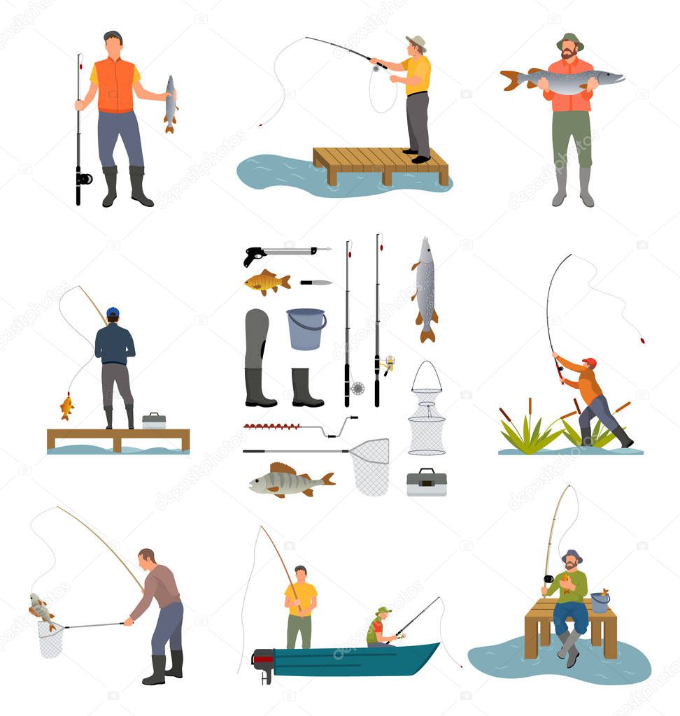 Fishing People and Items Set Vector Illustration