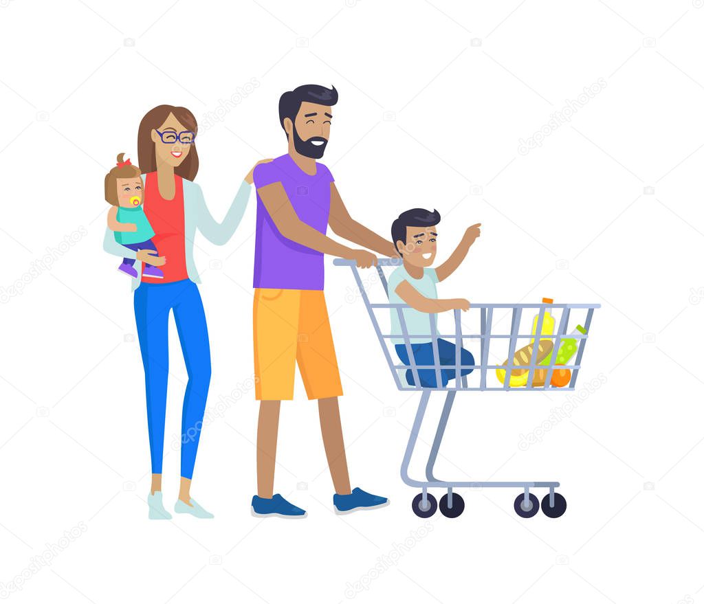 Family Shopping Together, Vector Illustration