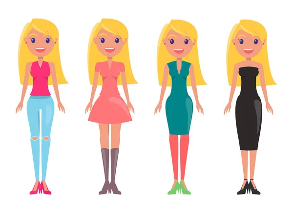 Chica rubia en vestidos femeninos y pantalones vaqueros rasgados — Vector de stock