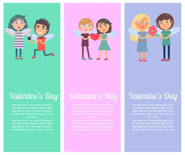 Set de postales del día de San Valentín con jóvenes amantes — Vector de stock