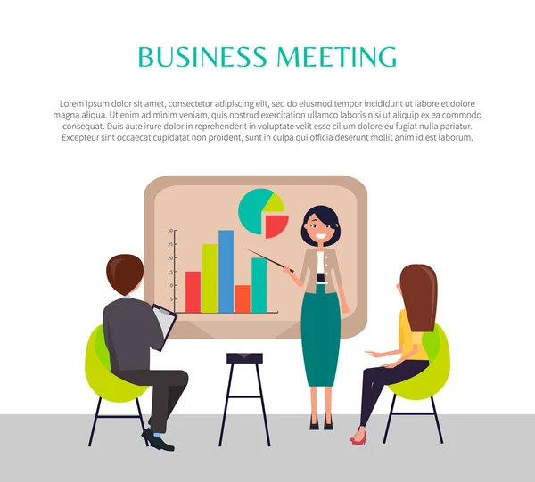 Bannière de réunion d'affaires avec femme près de Graphic — Image vectorielle