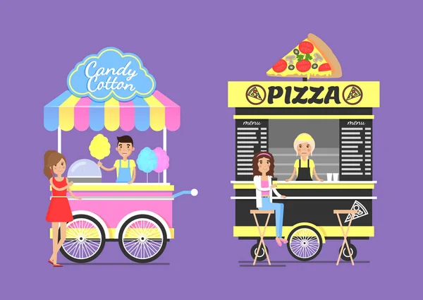Pamuk helva ve lezzetli Pizza sokak arabaları ayarla — Stok Vektör