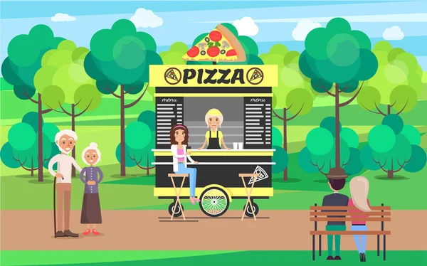 Delicioso Carro de Pizza con Vendedor en el Parque — Vector de stock