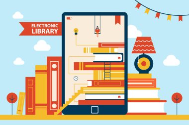 Elektronik Kütüphane ve kadın vektör çizim