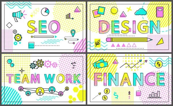 Δημιουργική Επιχειρηματική Πανό Γραμμική Διακόσμηση Εικονίδια Seo Promo Σχεδιαστικά Στοιχεία — Διανυσματικό Αρχείο