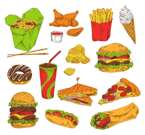 Швидка їжа та закуска Набір кольорів Векторні ілюстрації — стоковий вектор