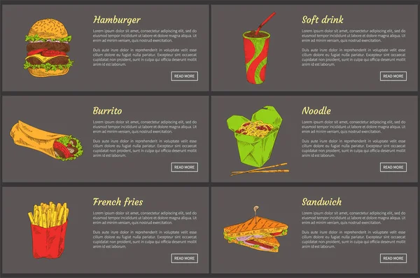 Ilustração do vetor do conjunto de sanduíches e refrigerantes — Vetor de Stock