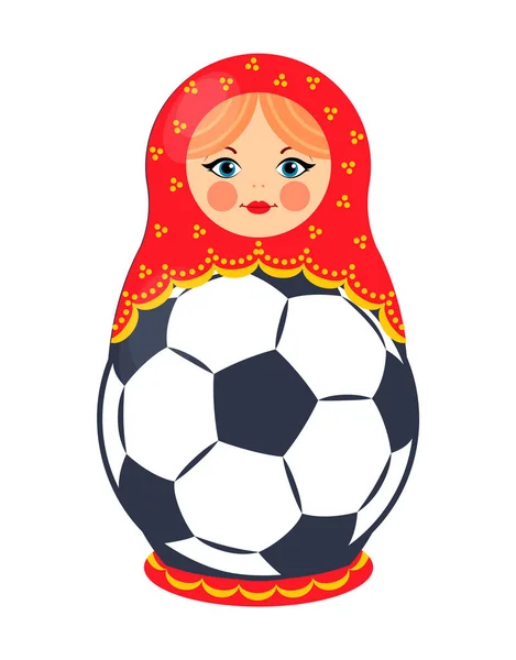 Muñeca anidando con pelota de fútbol Cartel colorido — Vector de stock