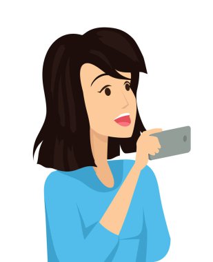 Esmer kız onun hareket eden telefon vektör çizim tarafından fotoğraf yapma beyaz arka plan üzerinde uzun kollu şık mavi gömlekli mutlu kadın izole.