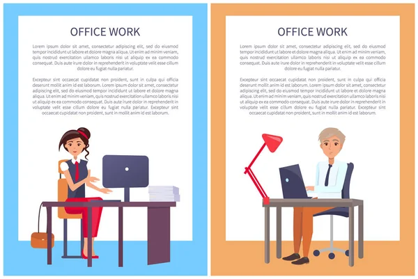 Affiches de travail de bureau avec texte Exemple Femme et homme — Image vectorielle