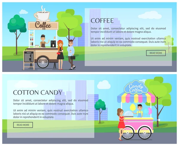 Café y algodón Candy Web Vector Ilustración — Vector de stock