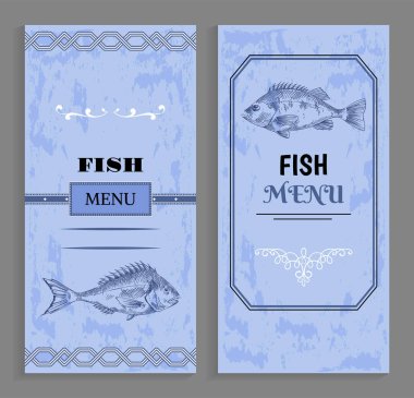 Doğrusal siluetleri balık menüsüyle deniz ürünleri