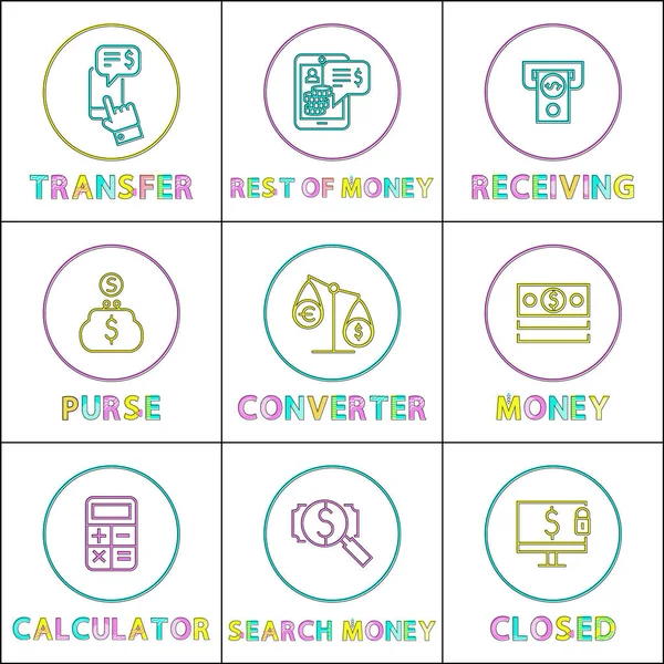 Операция с деньгами онлайн Линейные яркие иконы — стоковый вектор