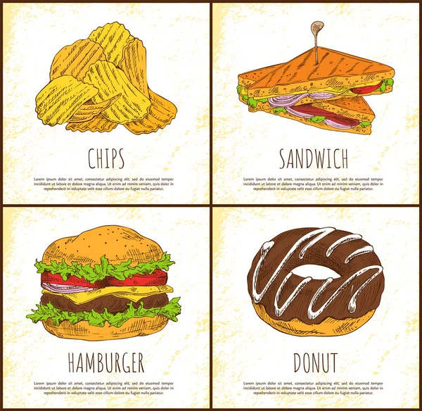 Chips de beignet Sandwich et Hamburger Carte colorée — Image vectorielle