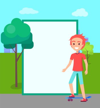 Kaykay ve çocuk vektör çizim gülümseyen