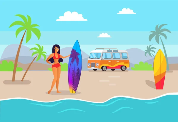 Donna che tiene Surf Board Vector Illustrazione — Vettoriale Stock