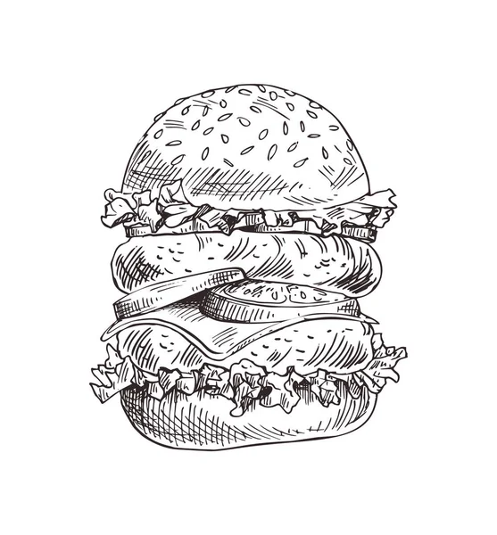 Dibujado a mano doble hamburguesa vector monocromo boceto — Archivo Imágenes Vectoriales