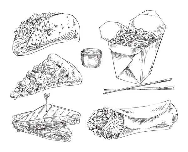 Snack Bar Take Away Pasto Illustation Sketch Set — Vettoriale Stock